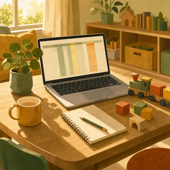 Table de travail : ordinateur ouvert sur un tableur, cahier, cubes en bois et petit train